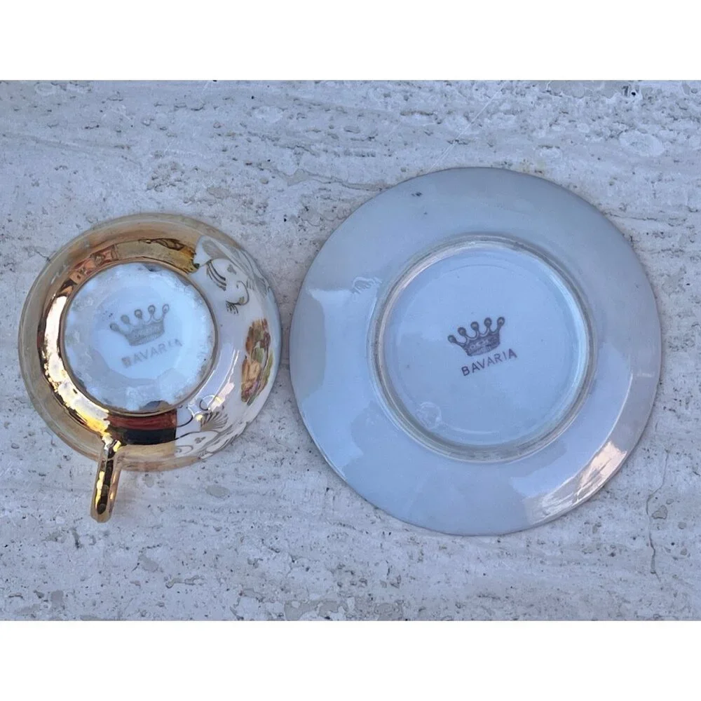 Bavarian Demitasse Teacup & Saucer Gold Trim With Romantic Scene VTG Porcelain